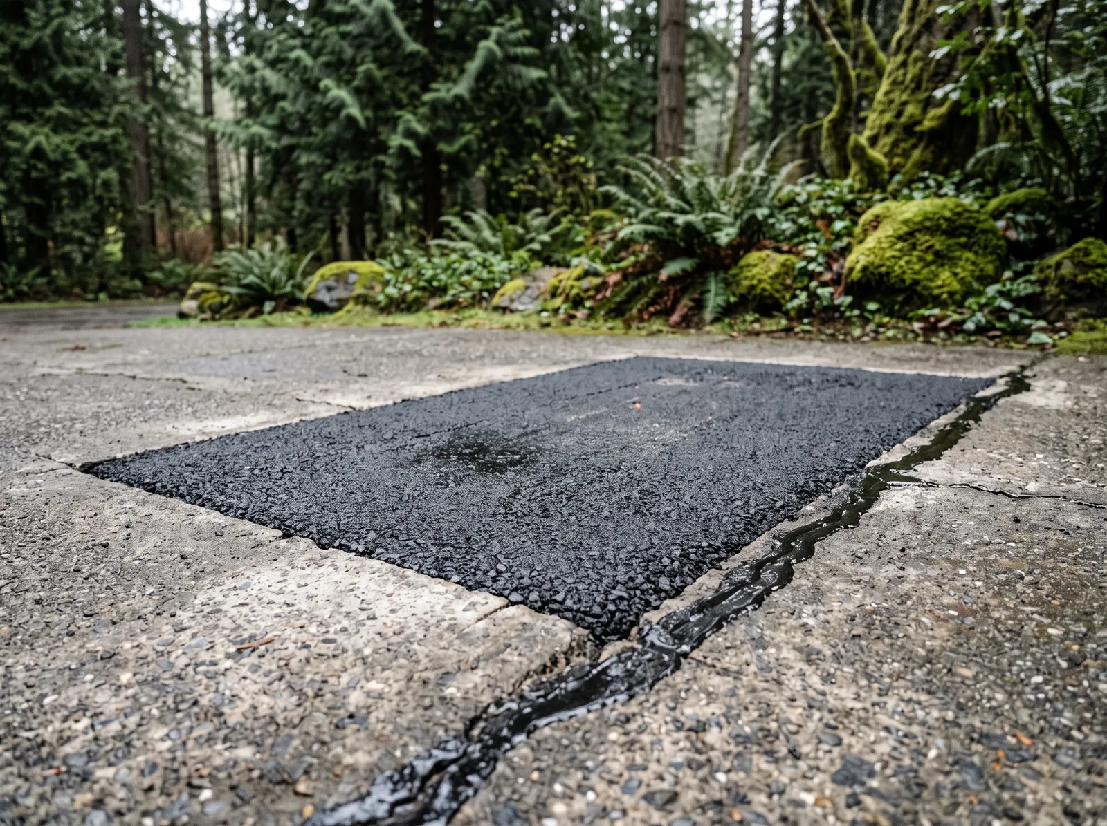 Fresh saw-cut asphalt patch set into an older driveway with sealed joints