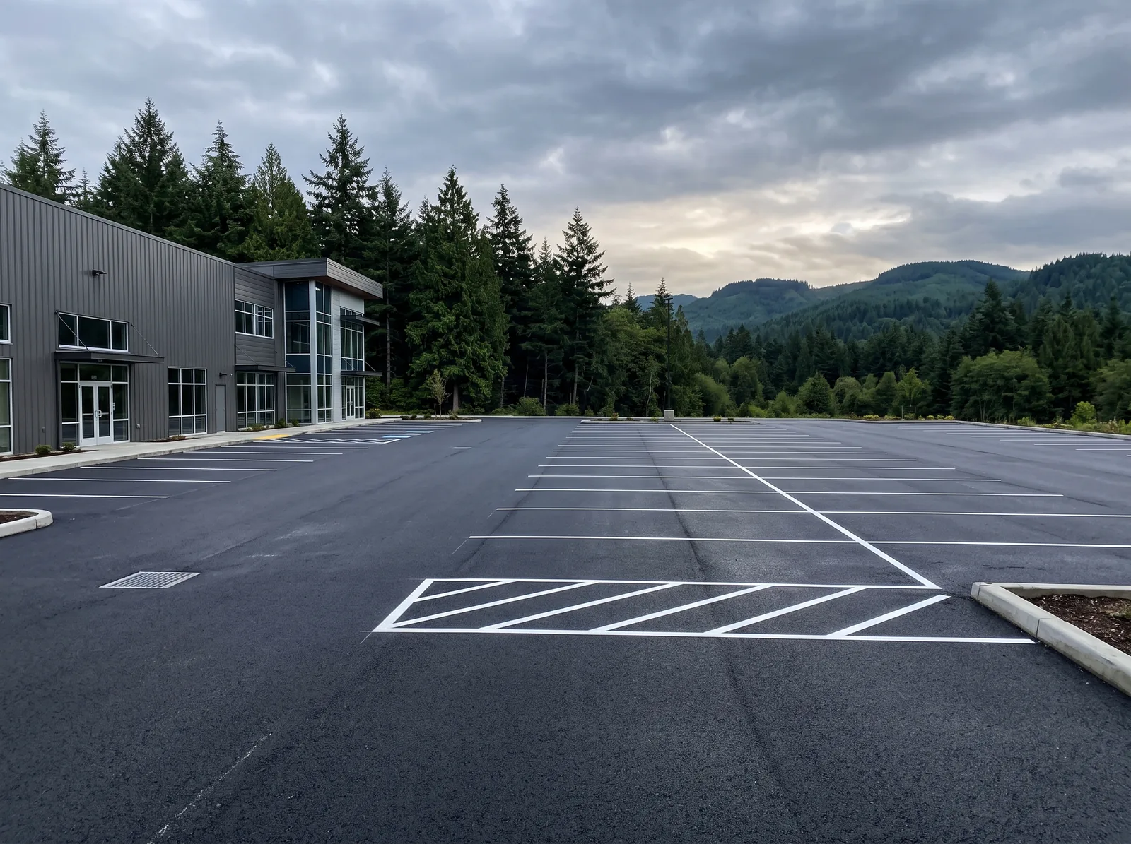 Freshly paved and striped commercial parking lot with forested hills behind it