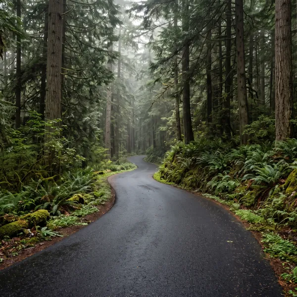 Paved private road through evergreen forest