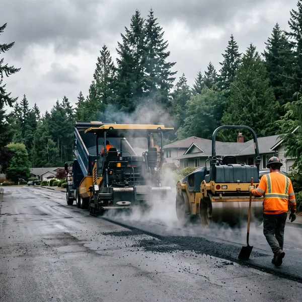 Paving crew placing hot mix asphalt