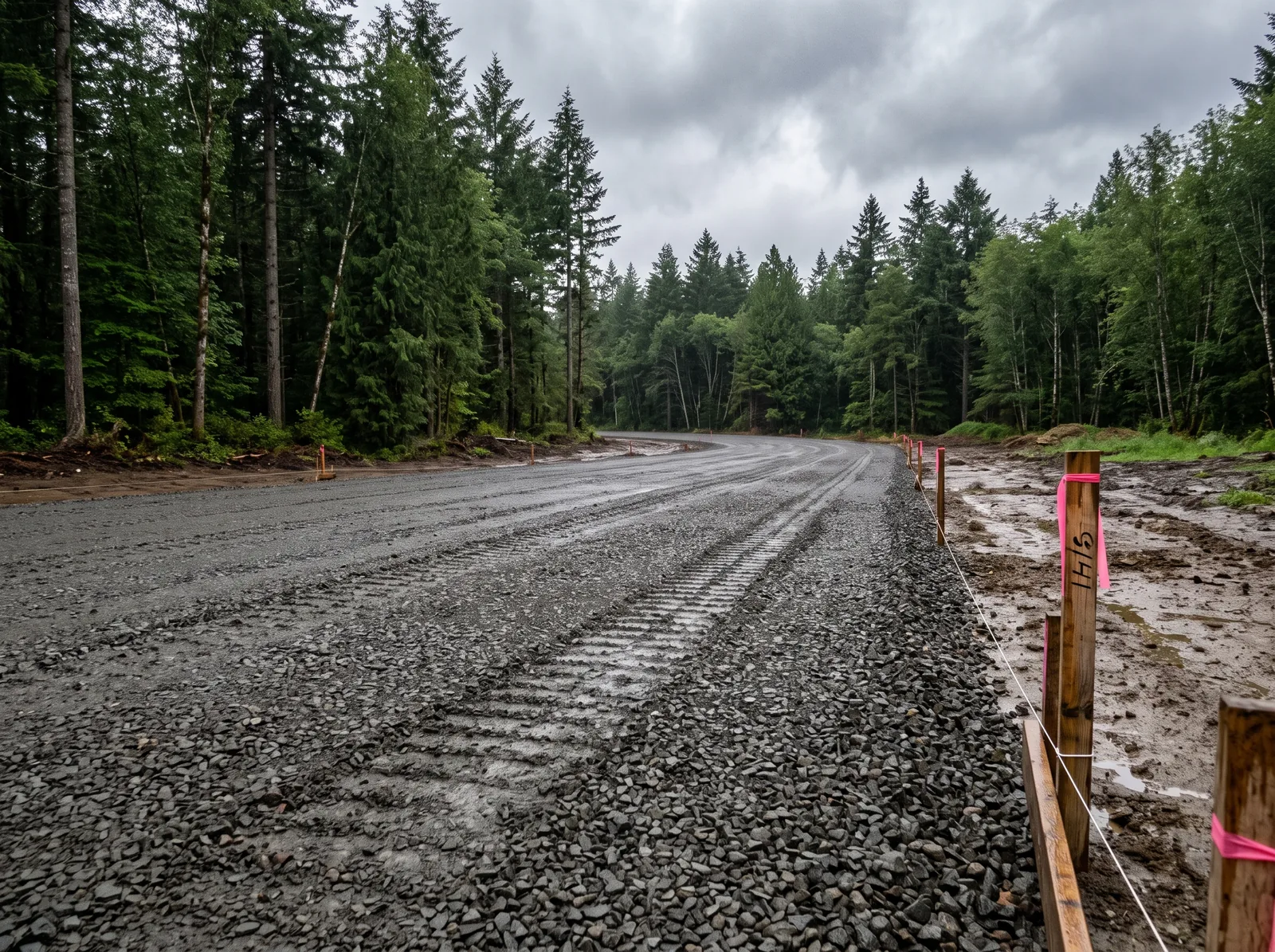 Graded and compacted crushed rock base prepared for paving beside a fir treeline