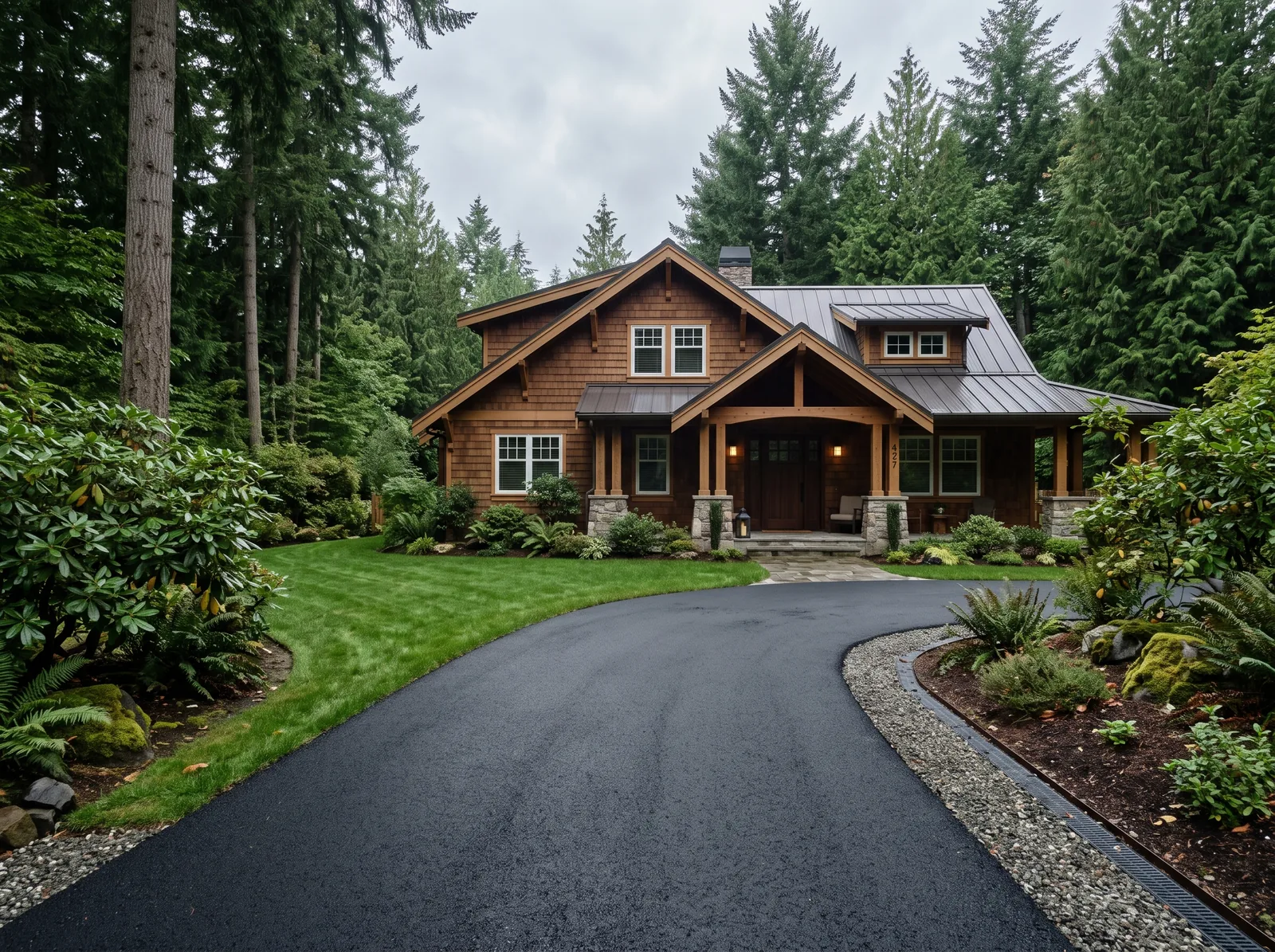 Newly paved asphalt driveway at a Northwest home surrounded by evergreens