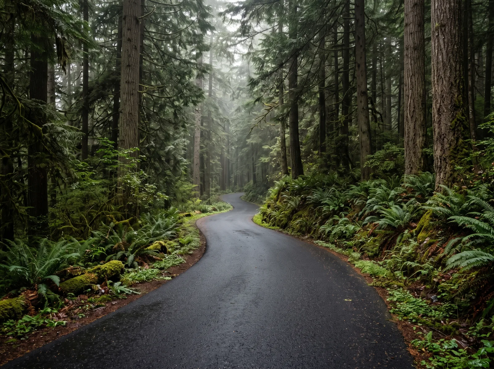 Narrow paved private road winding through a misty Pacific Northwest evergreen forest