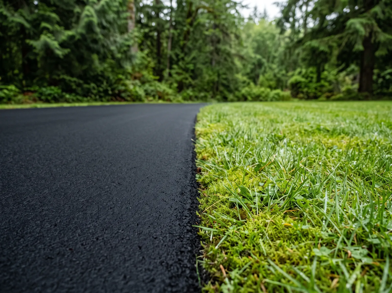Close view of a freshly sealcoated driveway edge against wet moss and grass